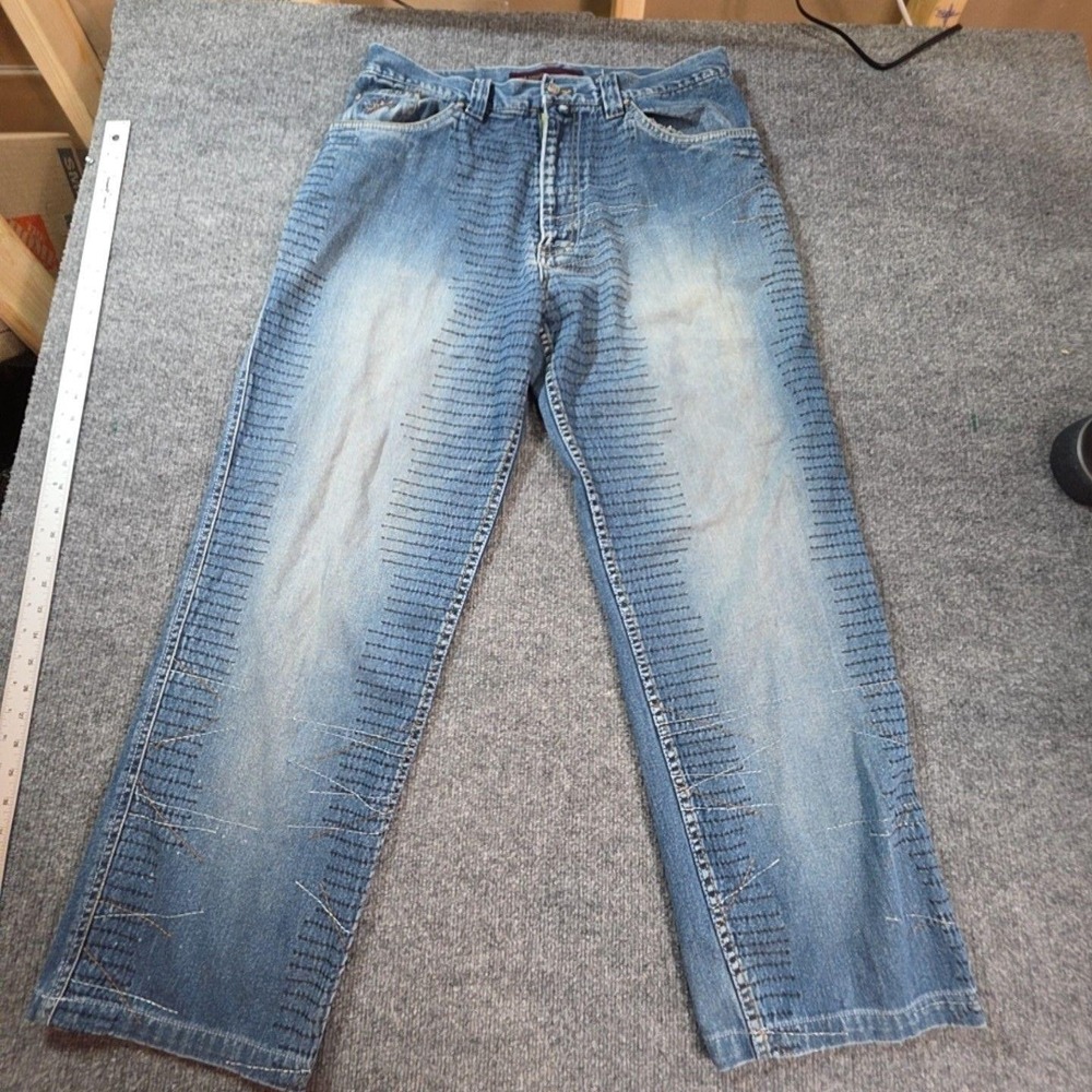 Burgundy Jeans Mens 36x34 Blue Medium Wash Relaxed Straight Distressed Denim